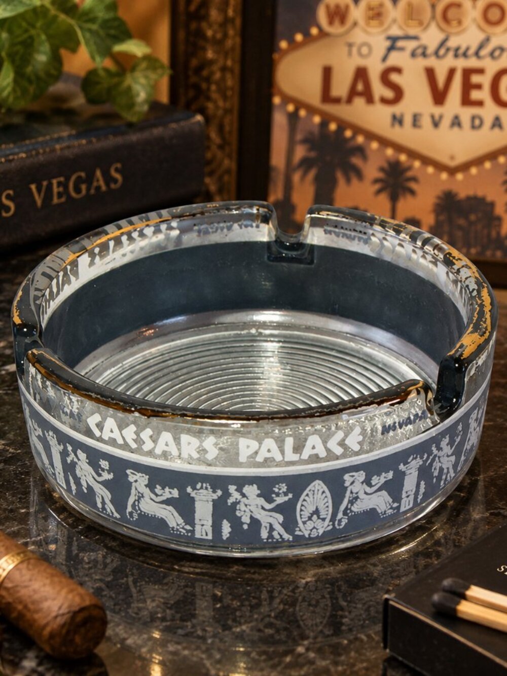 Vintage Caesars Palace Las Vegas Glass Ashtray Blue White Roman Design 3.5"